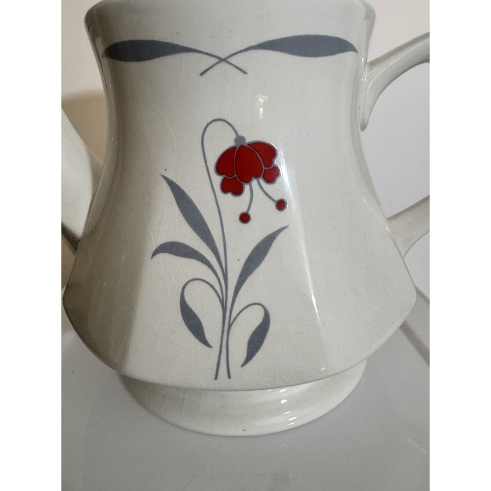 Vintage Teapot Wood & Sons Red Flower Blue Lid Mid Century Floral England - Picture 2 of 7